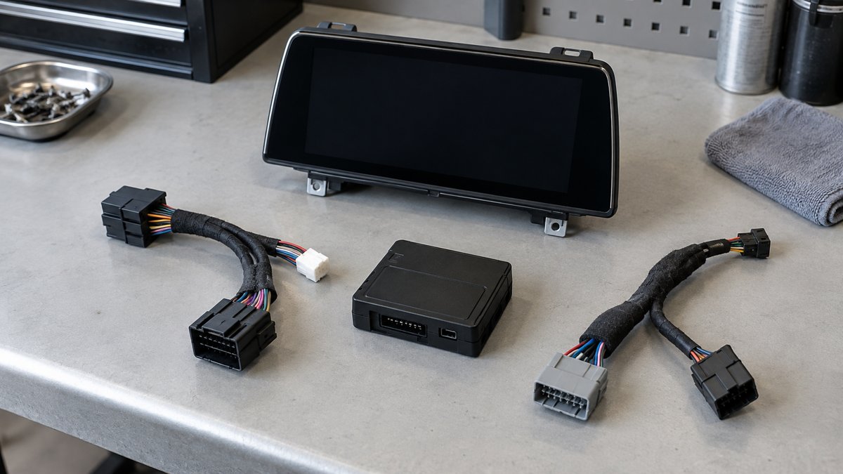 Generic replacement display, interface module and disconnected adapter harnesses on a workbench