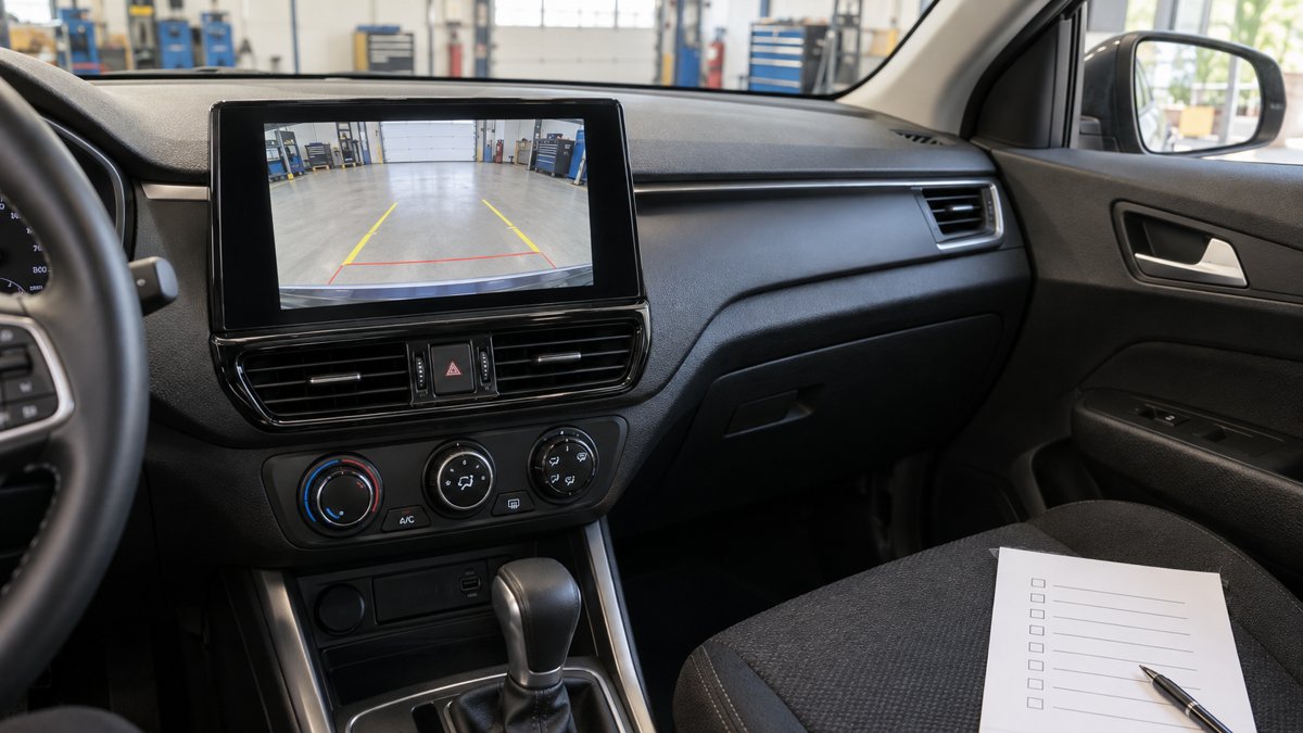 Illustrative central display showing a parking camera view beside a paper installation checklist